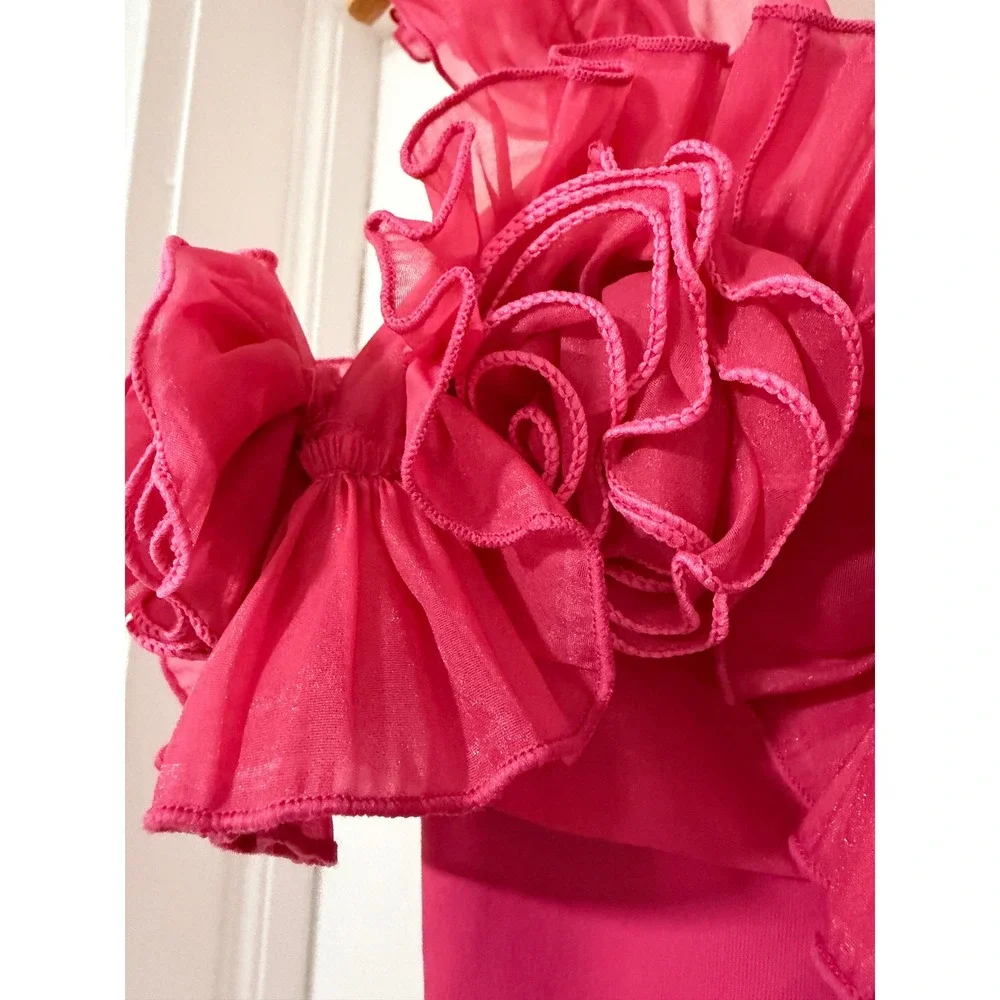 Free People Pink Rosette Ruffle Bodysuit Floral 3D Applique Fuchsia‎ Sleeveless